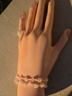 Handcrafted Iridescent Pink Flower Bead Bracelet and Ring Set